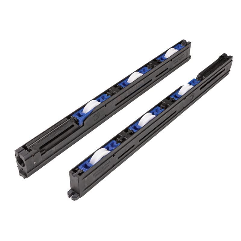 Two black plastic slides with white balls and blue connectors on a white background