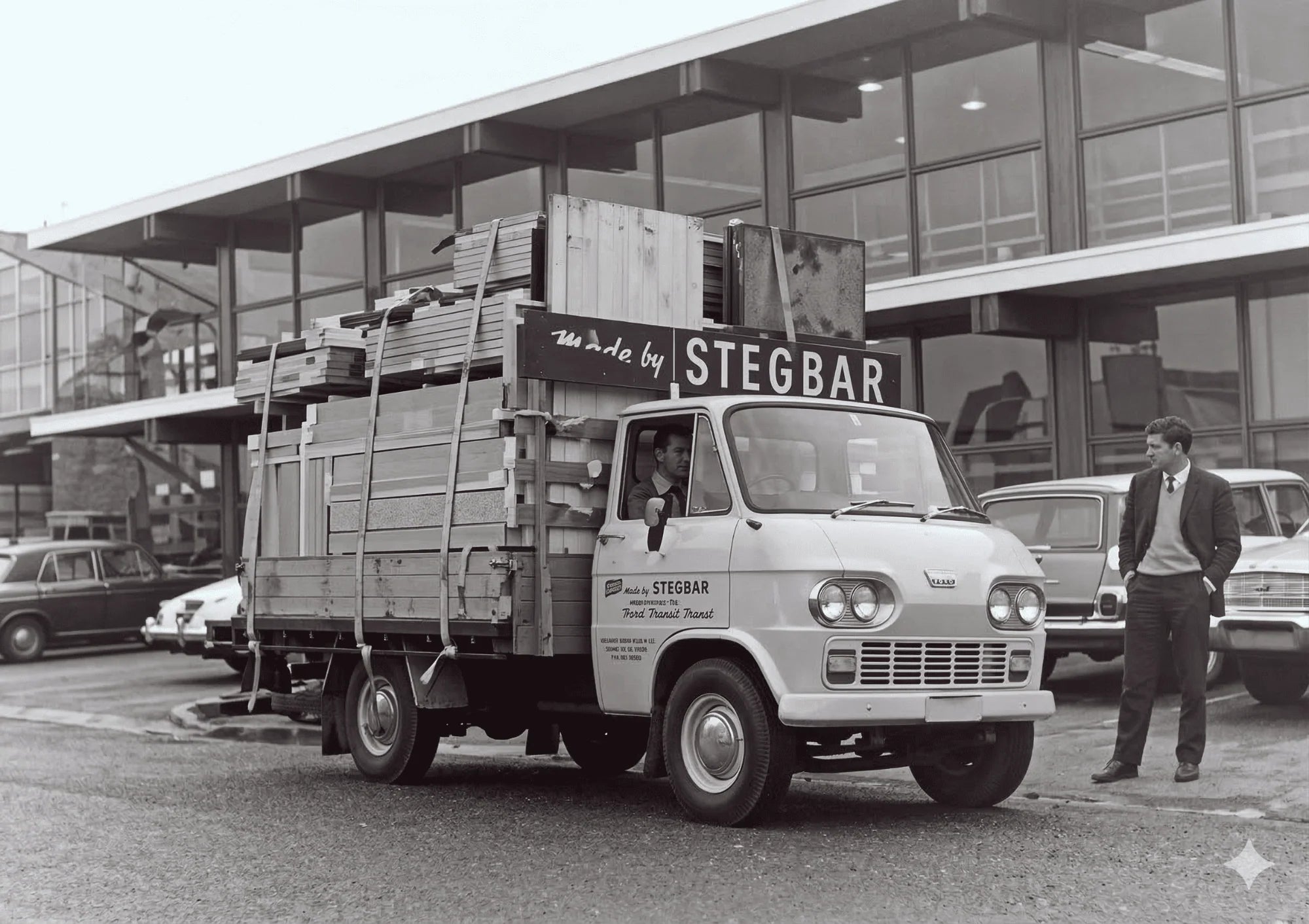 Vintage truck with 'Made by Stegbar' branding in front of a building.