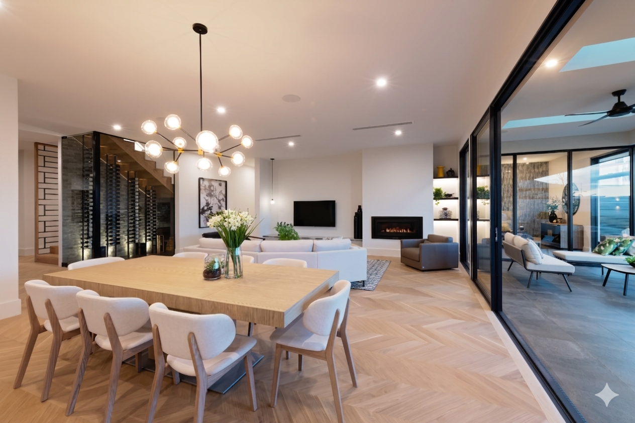 Modern living room with a dining table and chairs, fireplace, and large sliding door & windows