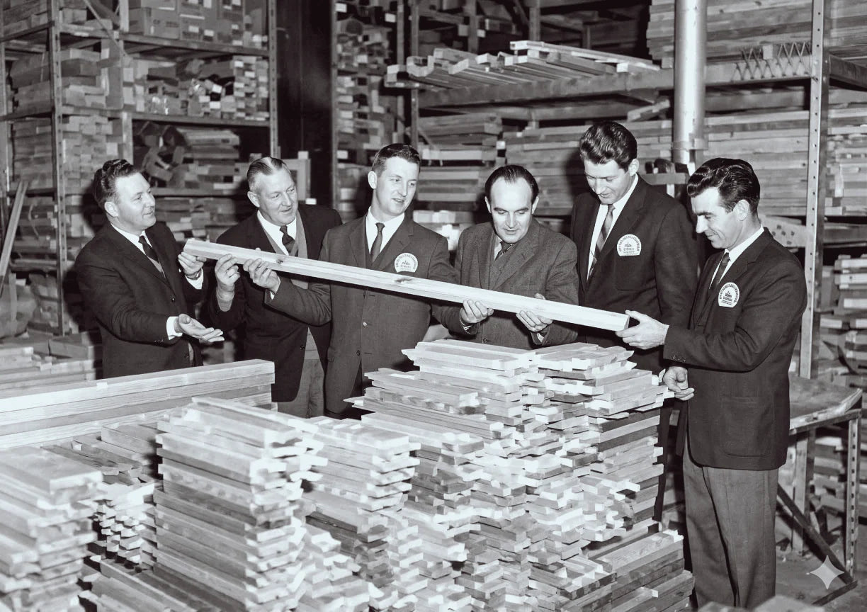 Group of men in a warehouse examining wooden planks