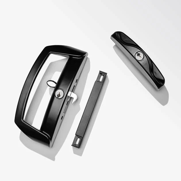 Black door handle set on a white background