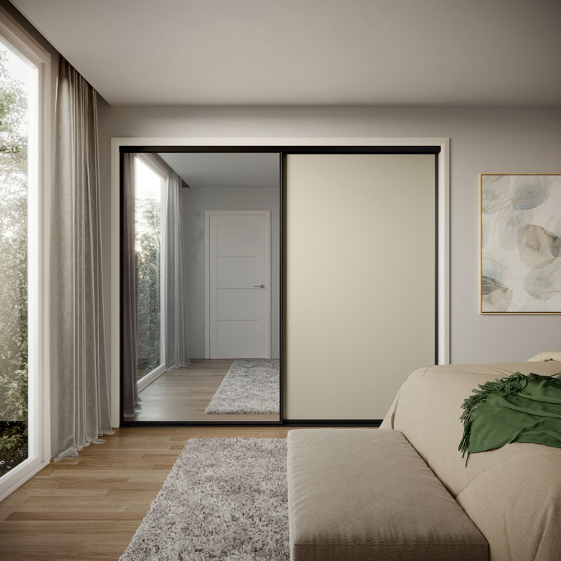 Stegbar Framed Two Door Wardrobe Sliding Doors Mirror Vinyl Matt Black Frame Custom Size Silver Linen Stegbar